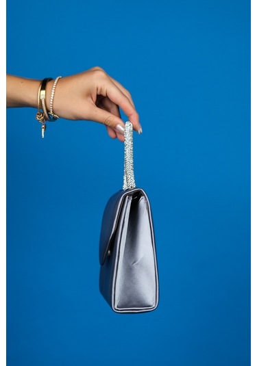 Luvishoes Monako Gri Saten Taşlı Kadın El Çantası Gri