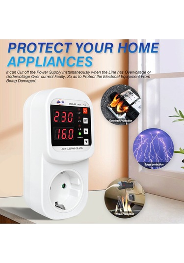 Monyee Eu Standartlı Buzdolabı Koruyucu Prizi - Led Ekranlı, Otomatik Sıfırlama, Aşırı/alçak Gerilim Ve Akım Korumalı 100-250v