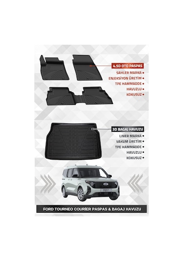 Sahler Ford Tourneo Courier 2024+ Uyumlu 4.5d Premium Havuzlu Oto Paspas Ve Liner Marka 3d Bagaj Havuzu