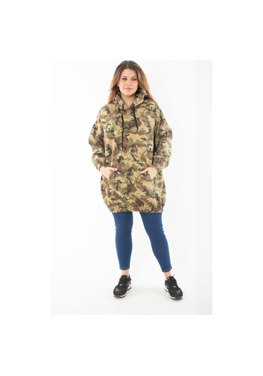 Kadın Büyük Beden Haki Rahat Kesim Kamuflaj Desenli Kapşonlu Kanguru Cepli Uzun Sweatshirt 65n37298-haki Haki