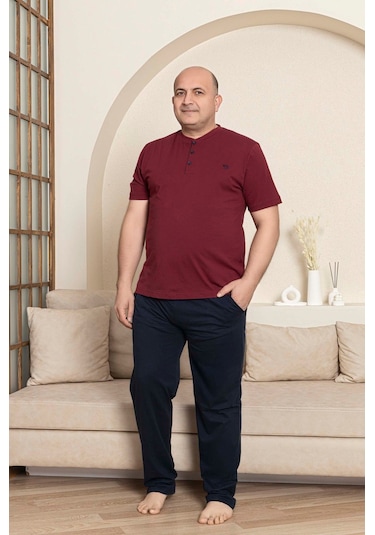 Erkek Geniş Kalıp %100 Pamuk Kısa Kol Cepli Büyük Beden Pijama Takımı Bordo