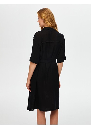 Püskül Şerit Detaylı Kendinden Dokulu Elbise S25elb037 Us25elb03710 Siyah