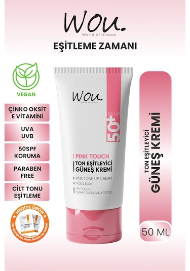Wou World Of Unique Pink Touch Ton Eşitleyici ve Aydınlatıcı Yüksek Koruyucu Güneş Kremi SPF50+ 50 ML