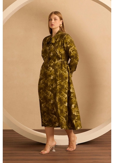 Galaxi Kadın Büyük Beden Desenli Fular Yaka Elbise 4006 Yeşil