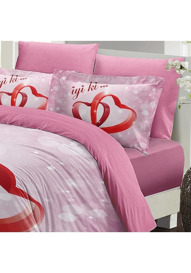MONOHOME Sevgililer Günü Çift Kişilik Nevresim Takımı %100 Pamuk Saten İyiki Sen Çok Renkli