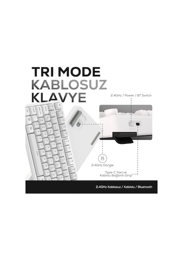 Hk258 Membrane Lcd Rgb Kablosuz/bluetooth Beyaz Full Türkçe Gaming Oyuncu Klavye