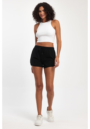 Kadın Yırtmaçlı Mevsimlik Premium Kumaş Regular Fit İpli Siyah Kısa Mini Şort