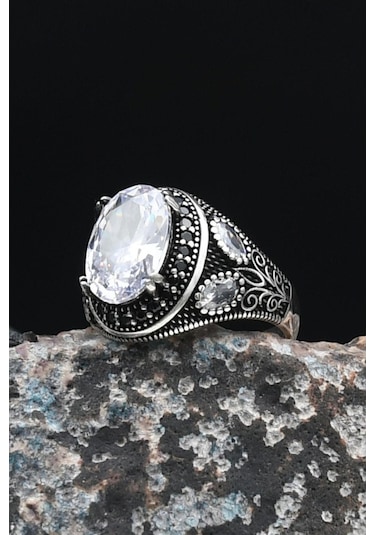 Beyaz Zirkon Taşlı 925 Ayar Gümüş Erkek Yüzüğü Zirkon Taş Süslemeli 901463 Gümüş