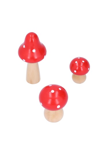 Konesam Kırmızı Ahşap Mantar Dekoratif Süs 3'lü Set - Ev, Ofis, Çalışma Odası Dekoru - Doğal, Dayanıklı Ve Hediye Uygun