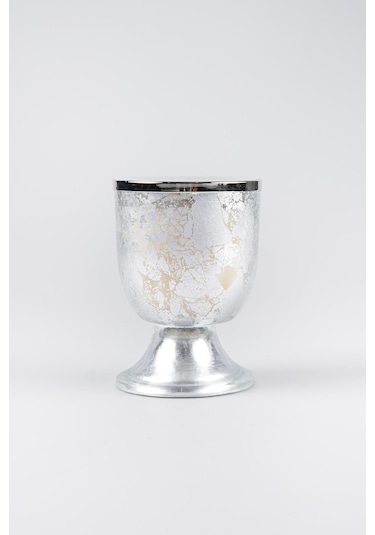 Gümüş Varak Eskitme Ayaklı Cam Mumluk Kokusuz Mum Logo Kapaklı Küçük 8.5x11.5 Cm