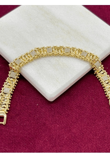 Silver Kare Taşlı Gold Örme Model Bileklik Gold