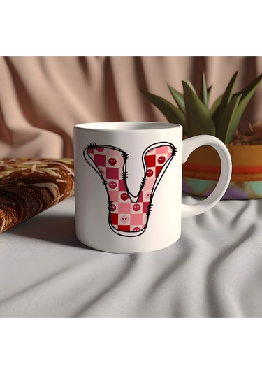 V Harfi Pembe Kareli Kalpli Göz Emojili Kupa Bardak Eğlenceli Kareli Tasarım Kahve Çay Kupası 07 Beyaz