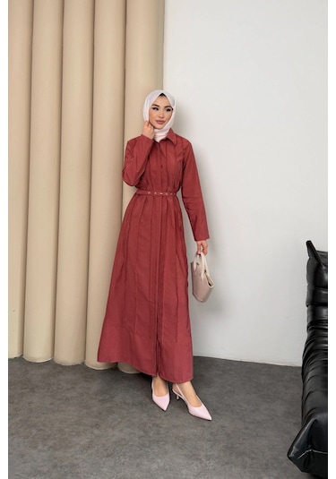 Mihran Butik Quenn Model Coupra Model Kumaş Kemer Detaylı Elbise Kiremit