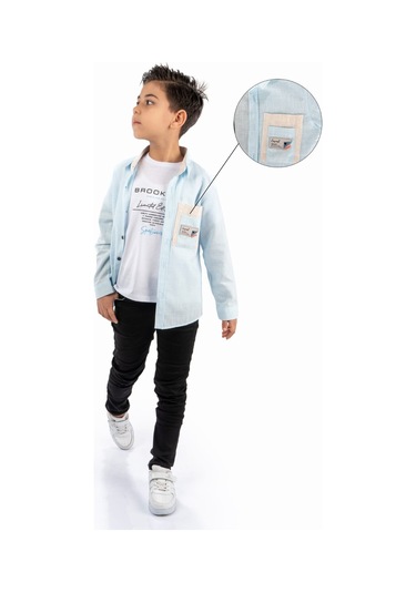 Çift Cepli Gömlek , Pantolon , T-shirt 3parça Pamuklu Erkek Çocu Mavi