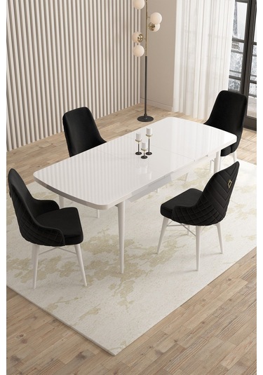 Mazaka Beyaz 80x132 Açılabilir Mdf Masa Yemek Odası Takımı, Mutfak Takımı 4 Adet Sandalye Siyah