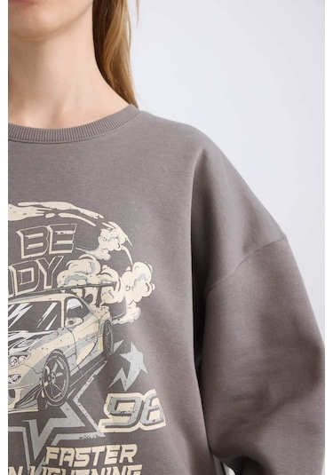 DeFacto Coool Oversize Geniş Kalıp Bisiklet Yaka Baskılı Kalın Sweatshirt D5385AX24AUGR310 Gri