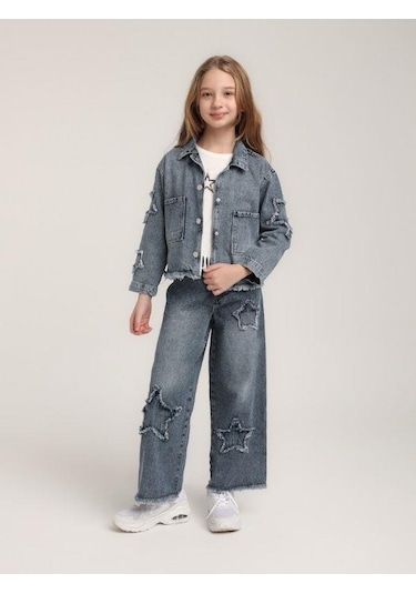 Kız Çocuk Yıldızlı Büyük Cepli Kot Ceket-15622 Mavi