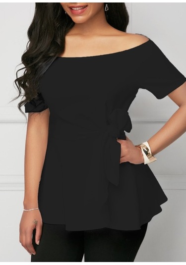 Kadın Kısa Kollu Madonna Yaka Yandan Bağlamalı Ithal Krep Bluz Antrasit Melanj