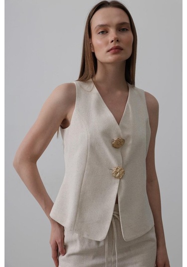 Modasize Düğme Detaylı Yelek - Krem Krem