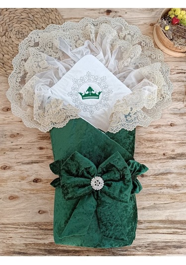 Dantelli Taçlı Bebek Kundağı Unisex Bebek Dış Kundak Battaniyesi Hastane Çıkışı Mevlütlük Kundak Yeşil