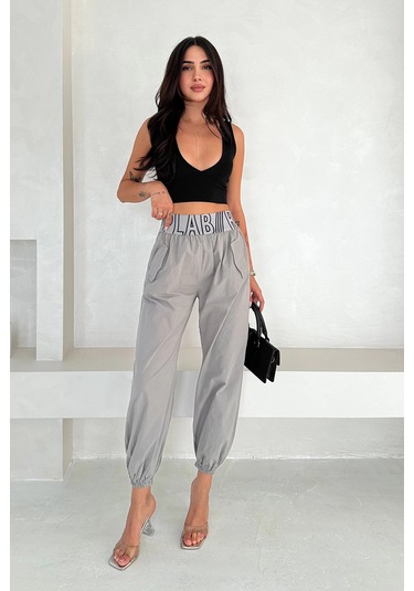 Yıkamalı Gabardin Lastikli Pantolon Gri