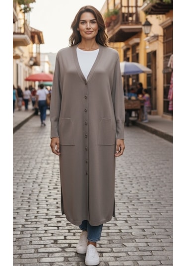 Kadın Önü Düğmeli V Yaka Cepli Mevsimlik Hırka Vizon