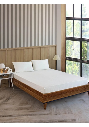 Beyaz Pamuklu Çizgili Saten Lastikli Çarşaf Takımı Tek Kişilik + 1 Yastık Kılıfı Beyaz