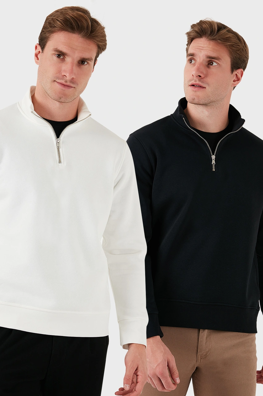 Buratti Pamuklu Regular Fit Dik Yaka 2'Li Paket Erkek Sweat 59052592S2 Ekru-Siyah