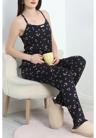 Seka Milan Kumaş İp Askılı Pijama Takımı Siyahpembe - 50597.1857. Çok Renkli