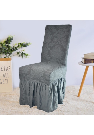 Şal Desen Jakarlı Etekli Sandalye Örtüsü, Kılıfı 6 Adet Antrasit Antrasit