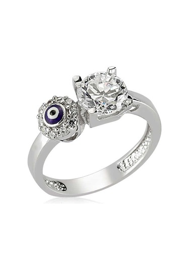 Gümüş Tek Taş Nazarlı Bayan Yüzük Gümüş