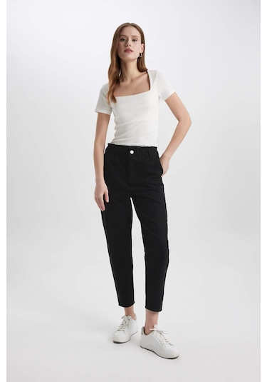 DeFacto Paperbag Gabardin Kumaş Pantolon Yüksek Bel Cepli Basic Düz Standart Paça S2790AZ24SMBK27