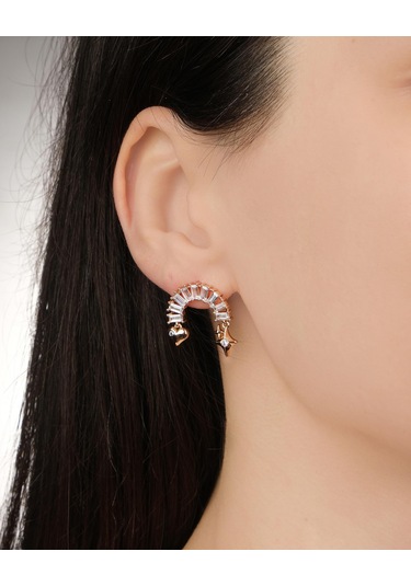 Lekka Design Kadın Kararmaz Çelik Lüks Takı Sallanan Yıldız Ve Kalpli Zirkon Taşlı Küpe Altın