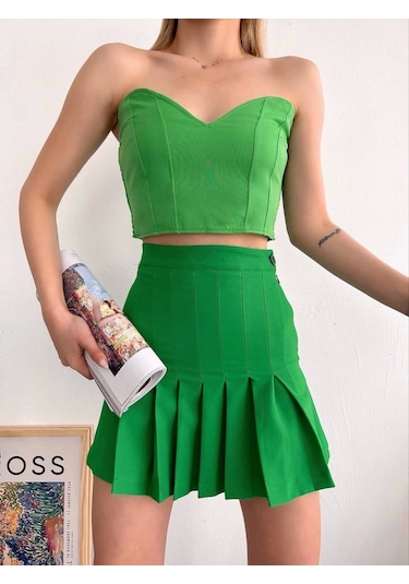 Pileli Düğmeli Etek Açık Yeşil S24811 Yeşil