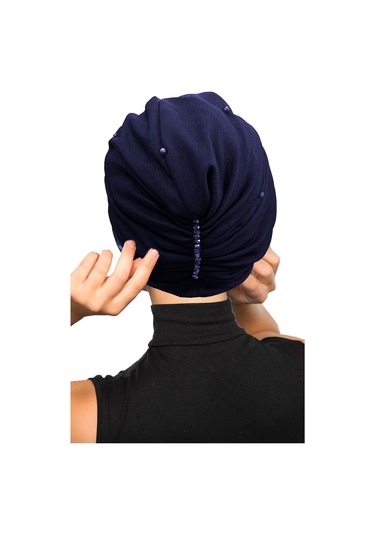 Kristal Tüllü Astarlı Lacivert Hazır Türban Tesettür Abiye Bone