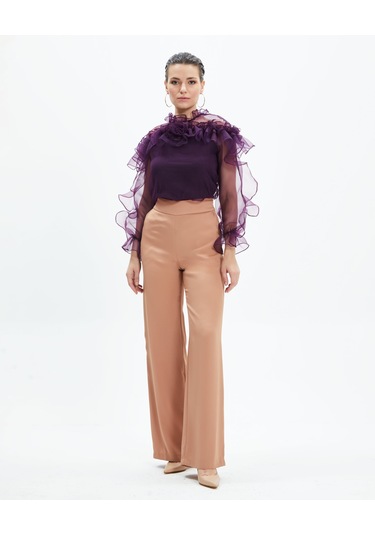 Kadın Volan Detaylı Şifon Bluz Çiçek Yaka Tasarım, Uzun Kollu Mor