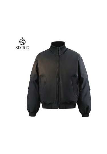 Üçlü Dayanıklı Dik Yaka Bol Retro Erkek Pamuklu Dolgulu Ceket Siyah