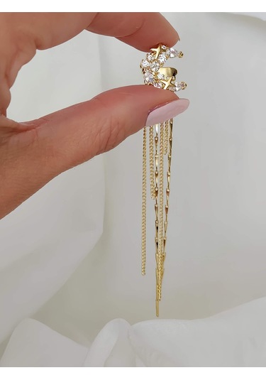 Yıldız Zirkon Taşlı Model Kıkırdak Sağ Kulak Gold Renk Küpe Gold