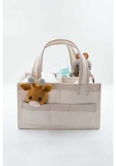 Jasper Kare Şeritli Keçe Anne Bebek Bakım Çantası Organizer Bej