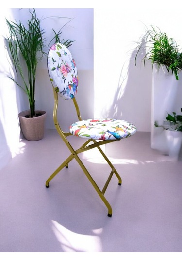 Katlanabilir Beyaz Gül Ve Kuş Desenli Gold Metal Sandalye Altın