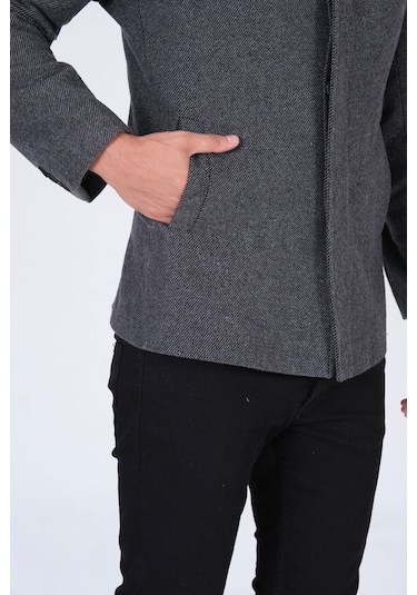 Erkek Slim Fit Hakim Yaka Füme Kısa Kaşe Kaban-Füme