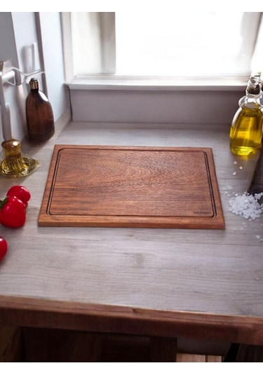Eksiz Masif Doğal Oluklu Ahşap Kesme Sunum Doğrama Tahtası