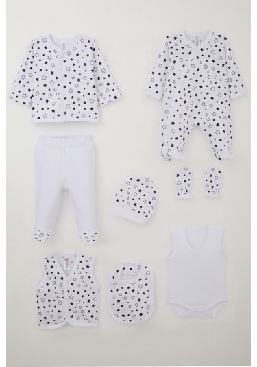 Breeze Erkek Bebek Hastane Çıkışı 8 Li Yıldız Desenli 0-3 Ay, Beyaz Beyaz