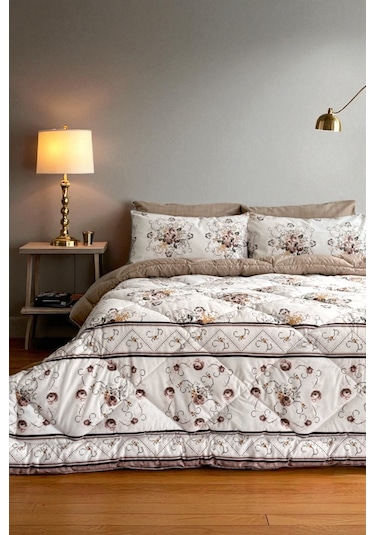 Alla Turca Çift Kişilik 4 Yastık Kılıflı Lastikli Çarşaflı Çift Taraflı Desenli Uyku Seti-kanaviçe Sütlü Kahve Sütlü Kahve