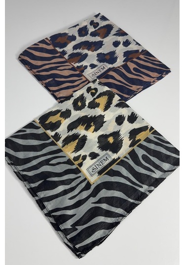 Sinem İndia Leopar Desen 2'li Sorti Eşarp -6294 Lacivert-sarı