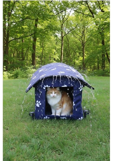 Yuga Pati Desenli Lacivert Kedi Evi Isı Ve Yağmur Korumalı