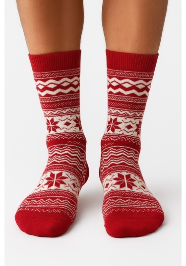 Plus Scorpion Erkek Yılbaşı Soket Çorap Pamuklu, Desenli, Sıcak Tutan Noel Temalı 40-45 Numara Kırmızı