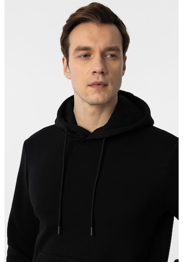 Süvari Siyah Regular Düz Kapüşonlu Yaka Sweatshirt