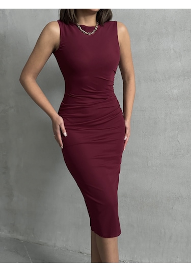 Kadın Tüllü Kolsuz Elbise Bordo