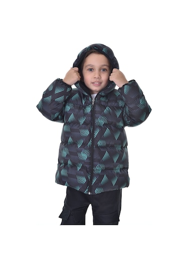 Erkek Çocuk Siyah Yeşil Dijital Desen İçi Polar Su Ve Rüzgar Geçirmez Kapüşonlu Şişme Kışlık Mont Siyah - Yeşil